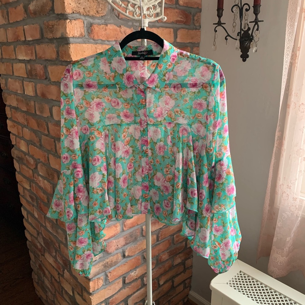 Floral button down top.